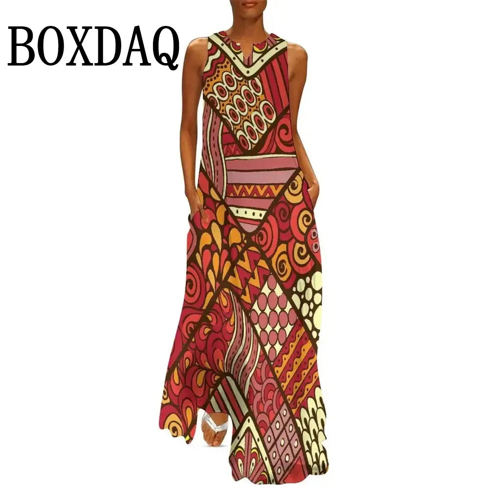 African Ethnic 3D Print Dress Summer Women Street Style Casual Sleeveless Long Dresses Women Loose Sundress Vintage Maxi Dresses