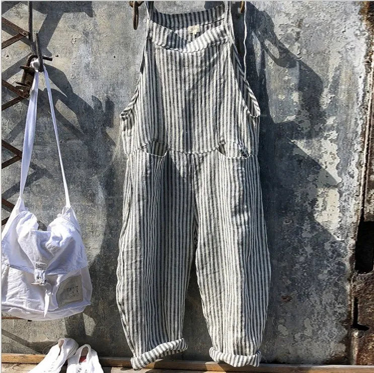 Women's Stripe Jumpsuits Cargo Pants Wide Leg Pants Trousers Multicolor Ethnic Bib Sleeveless Casual Loose Jumpsuit With Pockets