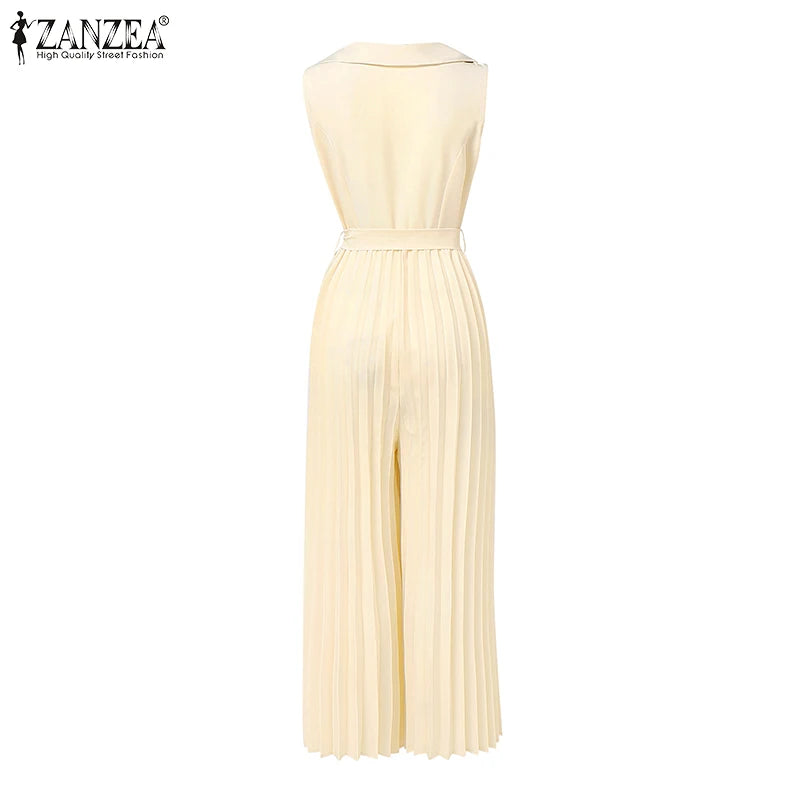Fashion Women Jumpsuits 2026 ZANZEA Summer Rompers Elegant Wide Leg Work OL Overalls V Neck Sleeveless Pleated Playsuit Trousers