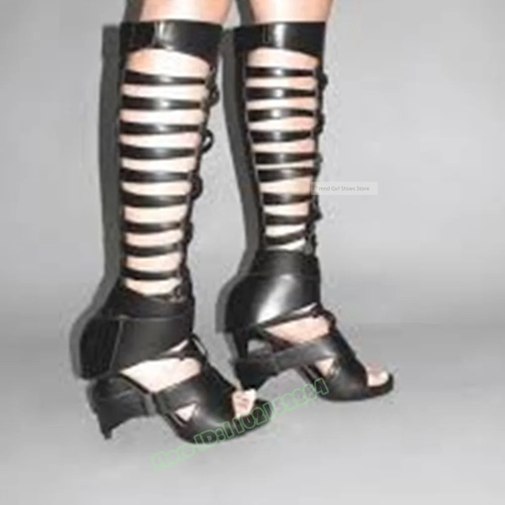 Hollow Straps Buckles Sandals Open Toe Solid Knee High Sandals Stiletto Heels Summer Women Sexy Shoes Party Casual Designer Shoe