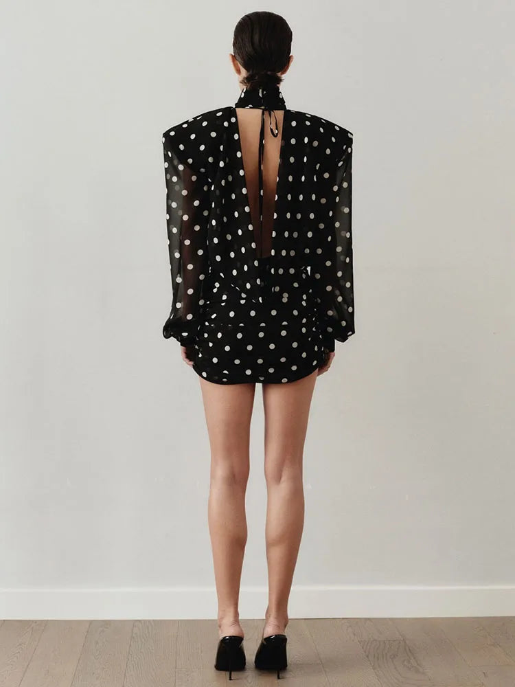 Nibber See Through Mini Dress Woman Turtleneck Mesh Full Sleeve Polka Dot Print Skinny Peach Hip Street Ruched Elegant Bodycon