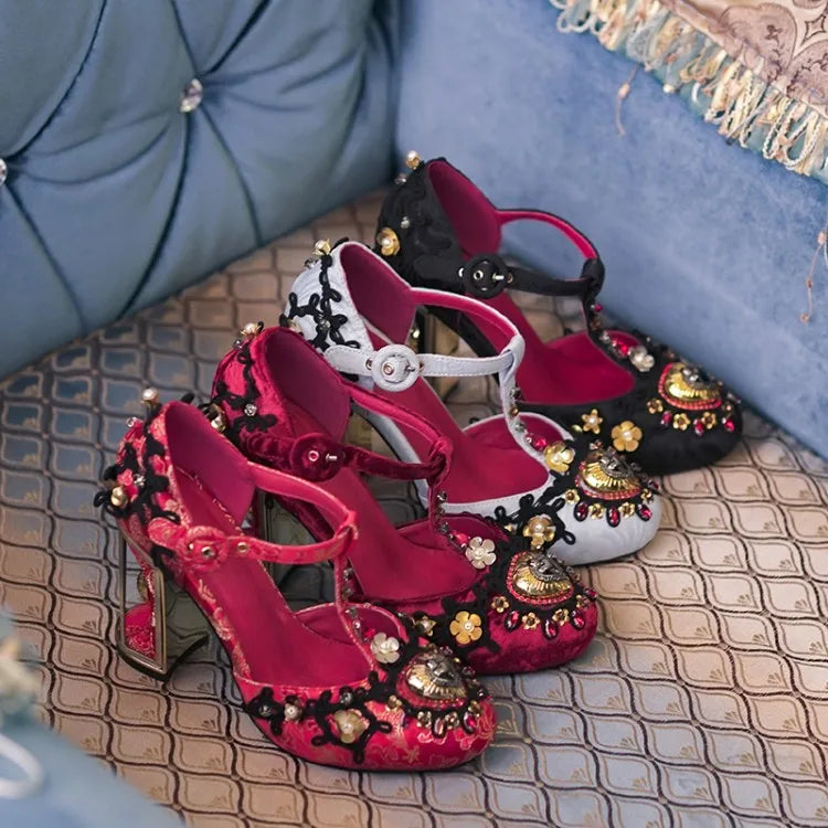 Light Blue Silk Women T-strap Pumps Platform Metal Flowers Decor Wine Red Wedding Shoes 10cm Fretwork High Heels Chaussure Femme