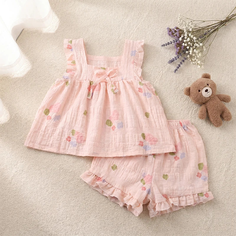 2026 Summer Girls Casual Clothes Set Strap Dress Top Floral Print Shorts Outfits Skin Friendly Playwear 2-8Y Kids Suits