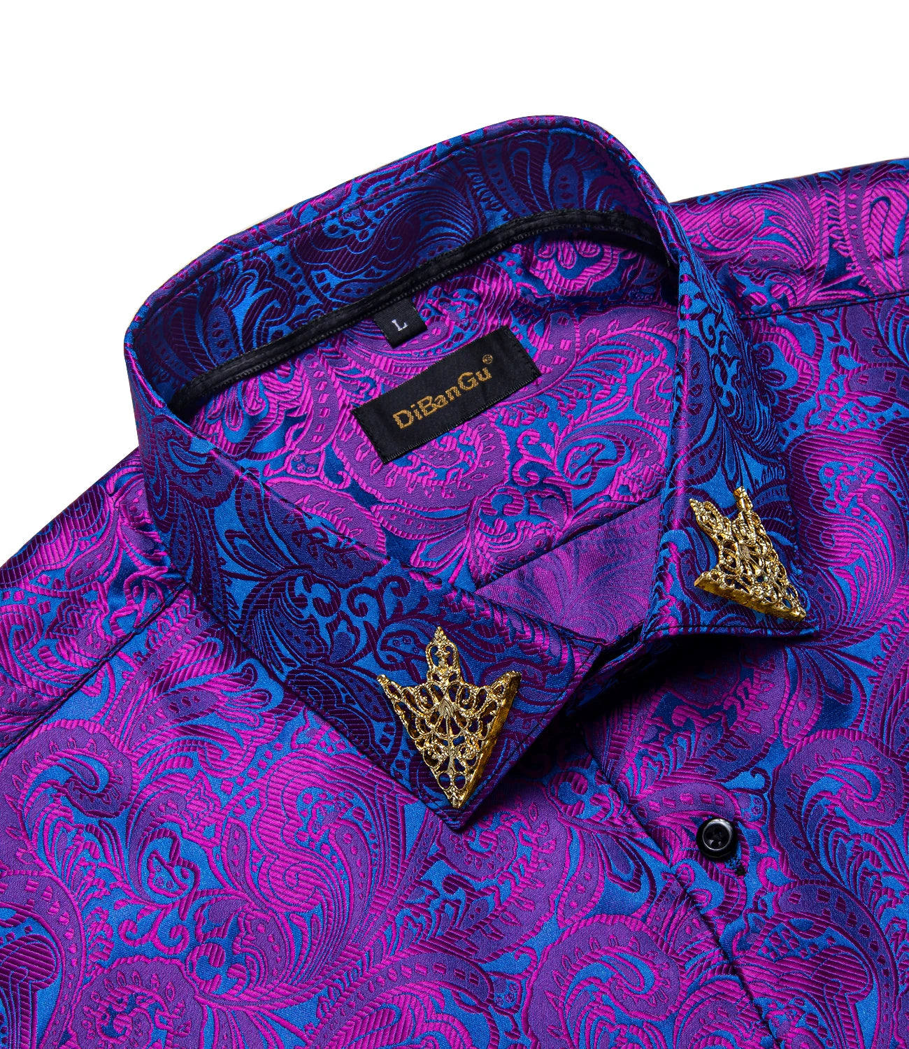 Luxury Purple Paisley Polyester Shirts for Men Long Sleeve Wedding Prom Men Clothing Button Down Collar Social Dress Shirt