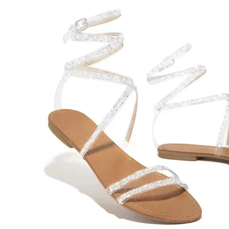 Shiny Rhinestone Women Sandals Gladiator Flat Heel Lace Up Ladies Platform Party Wedding Shoes Ankle Strap Sexy Zapatos De Mujer