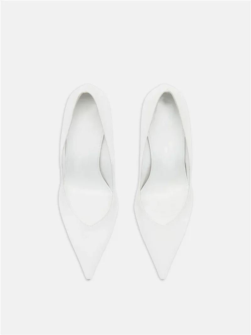 Summer 2024 New High Heels Thick Sole Thick Heel Lacquer Leather Shallow Mouth Pointed Fashion Sexy Women's Oversized Shoes