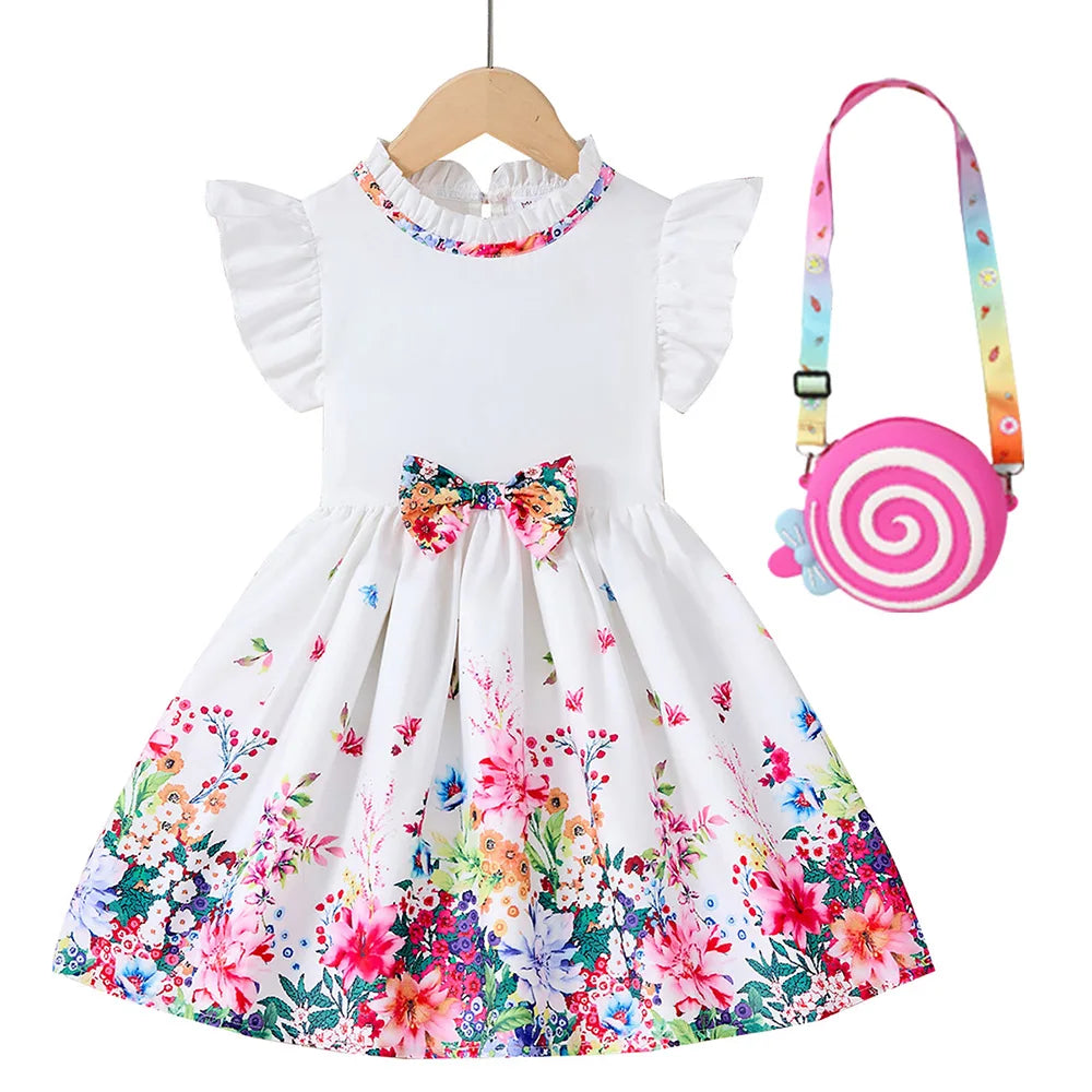 New Kids Girl Dress Summer Floral with Bow Fashion White Vestidos Short Sleeve Children Clothing Outfits Casual Daily Dresses