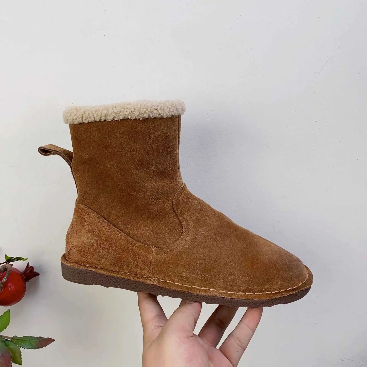 Careaymade-Genuine cow leather Snow cotton round head flats woolen short boots plush warm snow boots Oversized shoes size 35-43