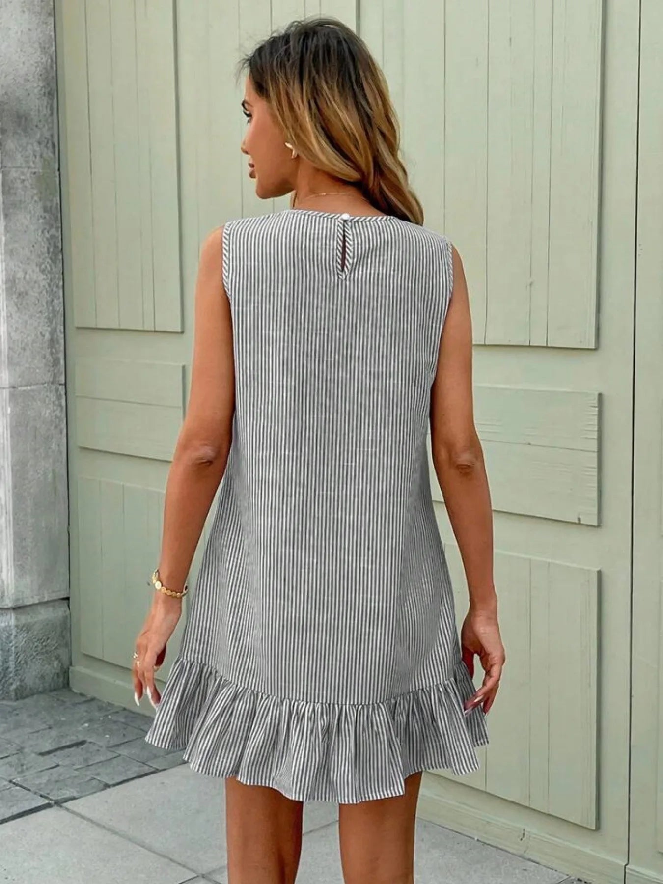 Casual Ruffle  Dress Striped Sleeveless City Commute Summer Fashion Ladies' H-Style Loose Fit round Neckline Polyester