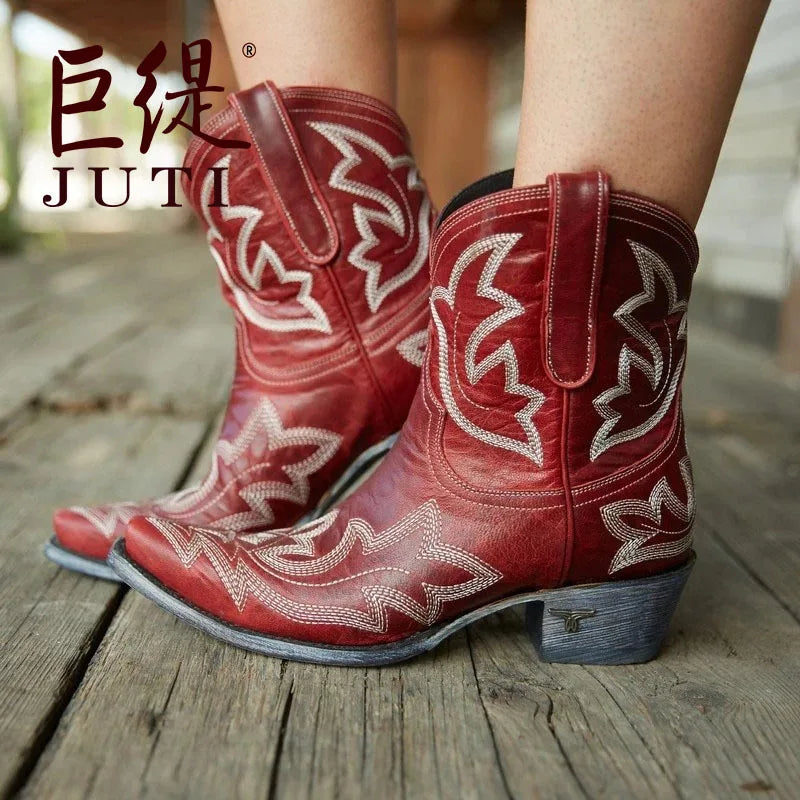 Casual Autumn Winter Western Cowboy Ankle Boots Women Snake Leather Cowgirl Booties Short Cossacks botas High Heels Shoes