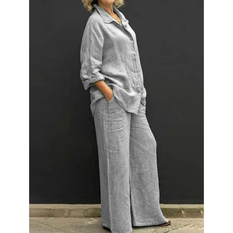 Spring Summer Women Lapel Long Sleeve Shirt High Waist Wide Leg Pants Set