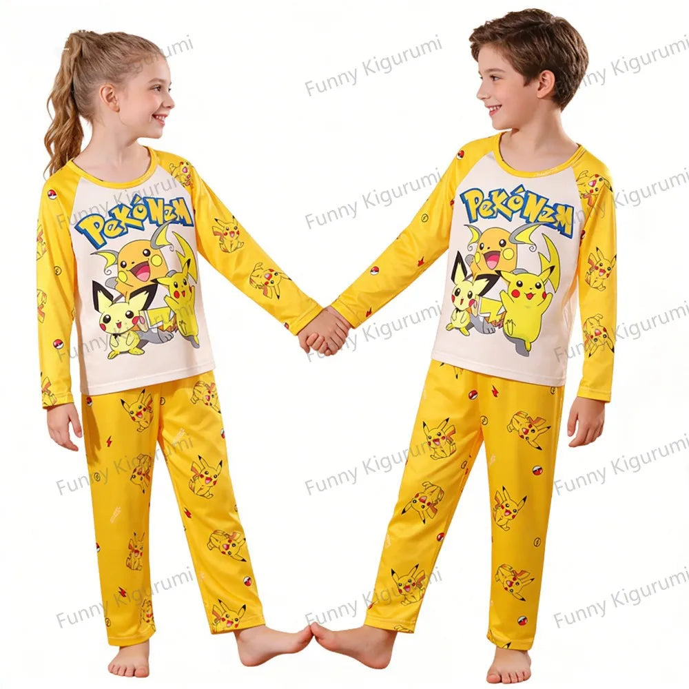 Cartoon Pijamas for Kids 3 to 5 7 9 11 13 Years Clothing Sets Boys Home Wear Girls Full Sleeve Pikachu Pajamas Teen Loungewear