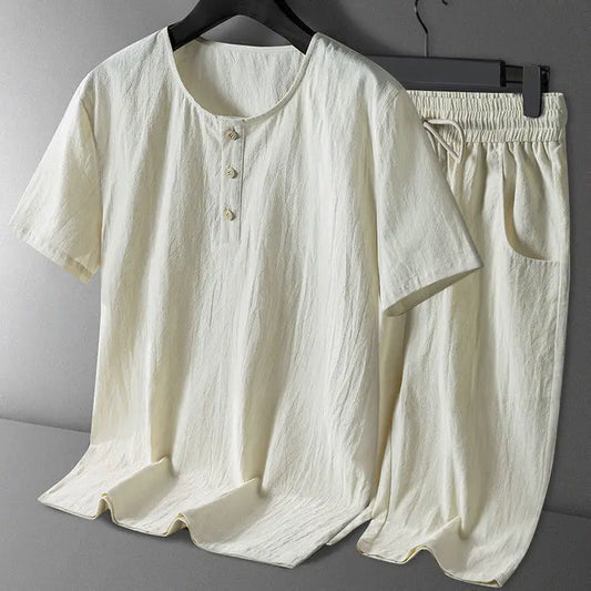 Linen short-sleeve shorts set for men, Chinese-style loose round neck summer fashion casual sportswear