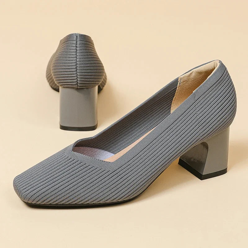 Shoes Woman High Heels Comfortable Square Knitted Breathable Comfortable Women's Flats Shoes (5cm High) 2025 New Collection