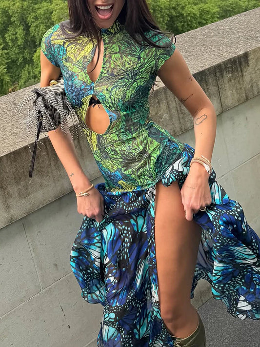 Jungle Butterfly Print Midi Dress Mandarin Collar Cutout Waist High Slit Dress 2026 Summer Festival Night Out Wear Women Vestido