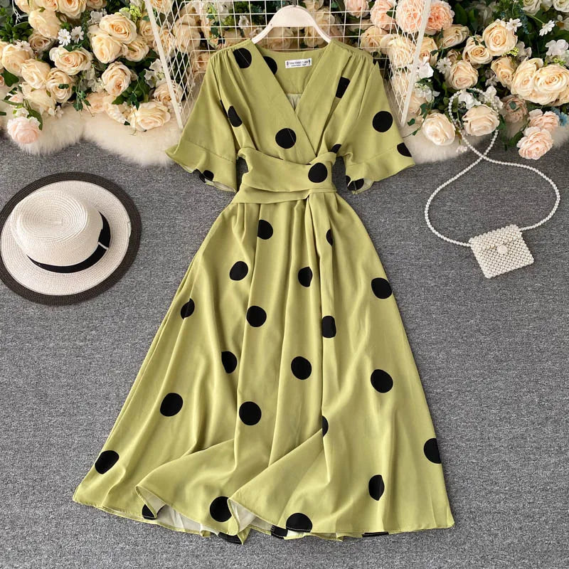 YuooMuoo Chic Polka Dot Print Women Dress Summer Vintage Swing Midi Party Dress