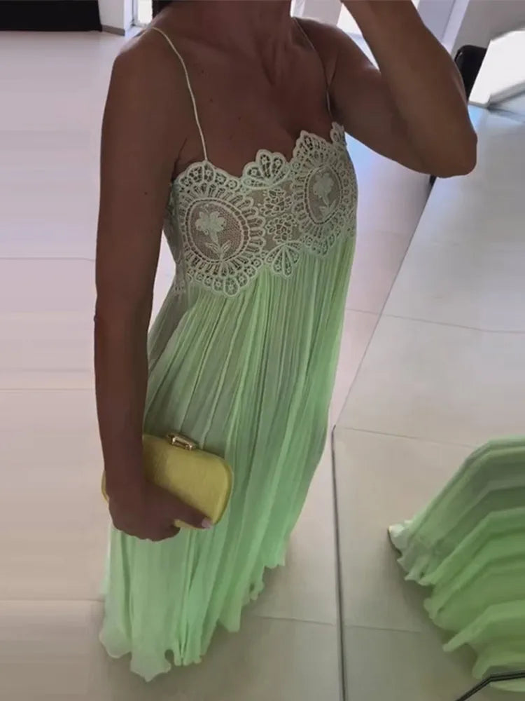 Sheer Layers Lace Stitching Solid Women's Suit Sling Mini Top High Waist Loose Long Skirt Fashion 2026 Summer New Beach Lady Set