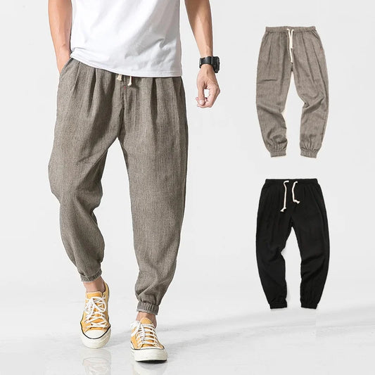Men's Cotton Linen Casual Pants Baggy Streetwear Men Joggers Sports Trousers Solid Color Long Straight Trendy Pants for Men