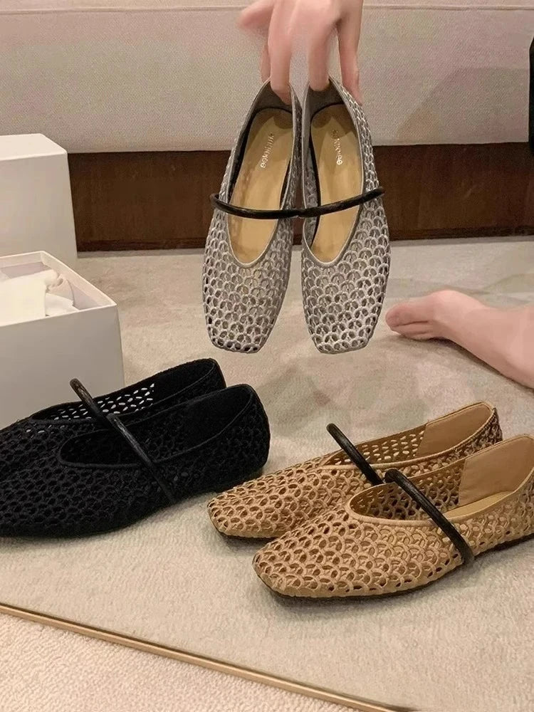 Square Toe Mesh Women Ballet Shoes Flats Sandals Summer 2025 New Designer Casual Loafers Mary Janes Shoes Zapatillas Sandalias