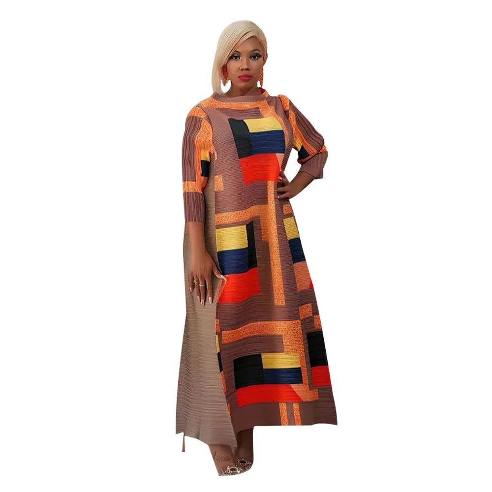 African Dresses for Women Summer Fashion Style African 3/4 Sleeve Polyester O-neck Pleated Dress Dashiki African Clothes Women