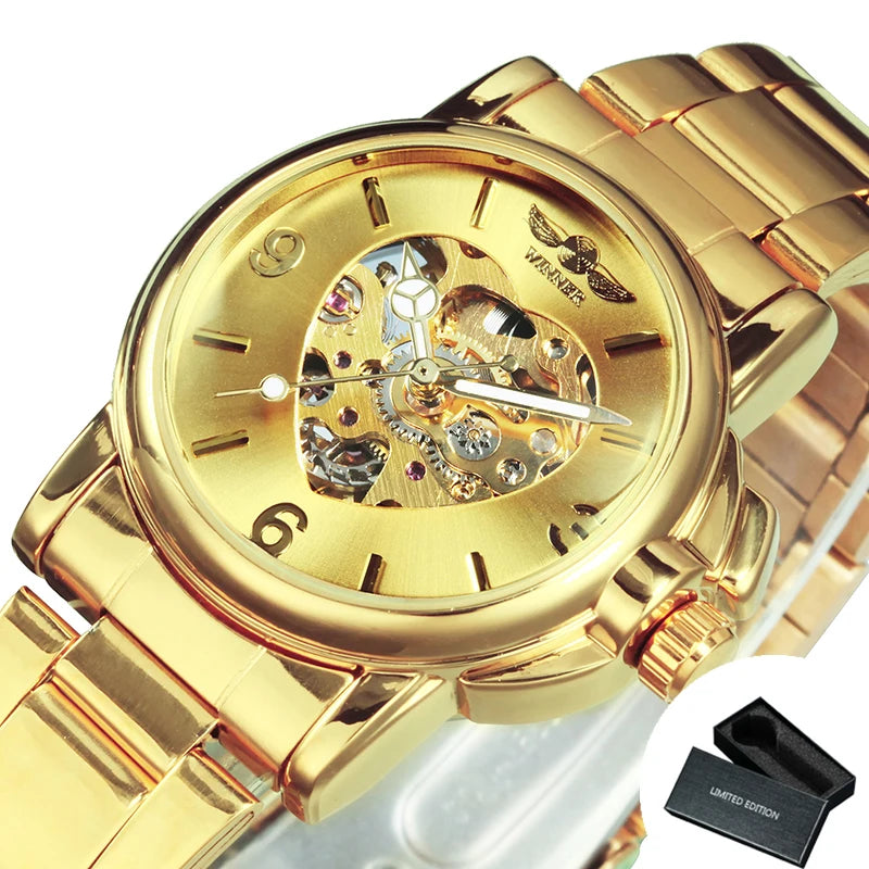 WINNER Fashion Elegant Ladies Watches Top Brand Luxury Skeleton Gold Automatic Mechanical Watch for Women Stainless Steel Strap