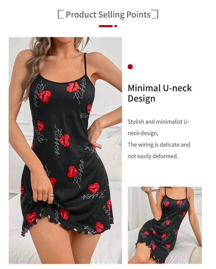 Heart Print Lettuce Trim Slip Nightdress Casual Round Neck Backless Night Dress Women's Sleepwear Home Loungewear Pyjama Femme