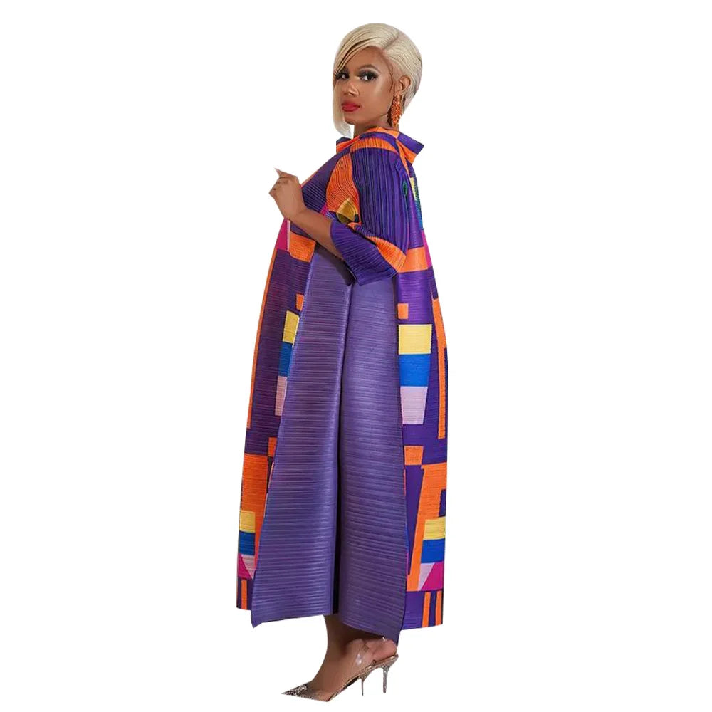 African Dresses for Women Summer Fashion Style African 3/4 Sleeve Polyester O-neck Pleated Dress Dashiki African Clothes Women