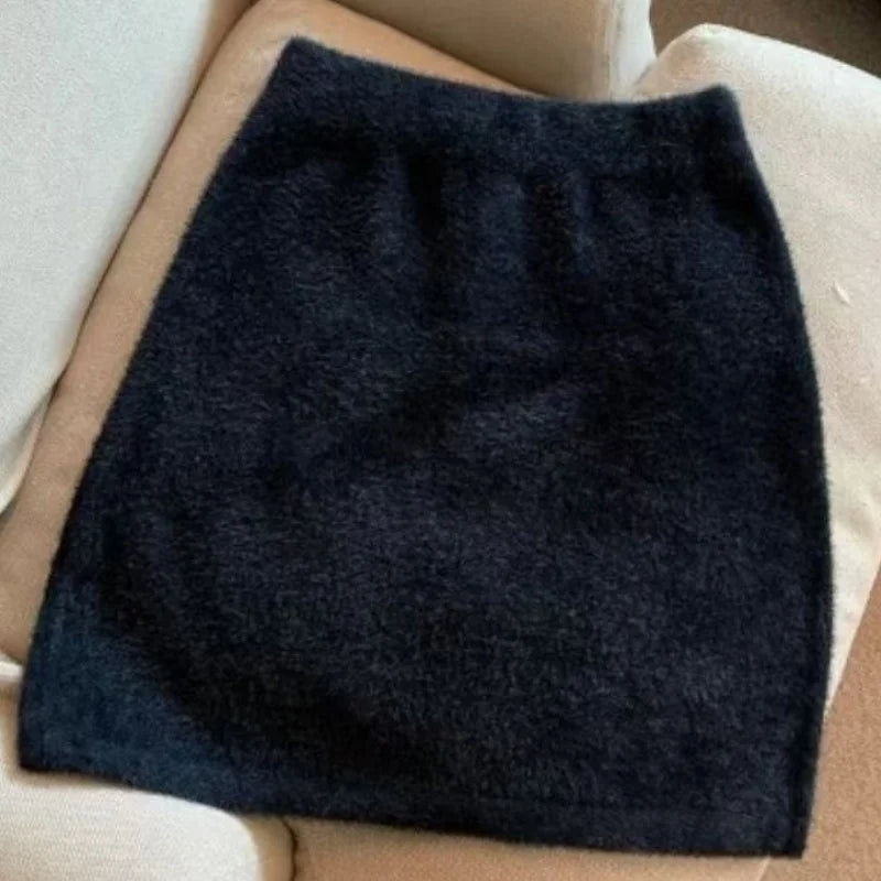 Elastic Waist Slim Women Short Skirt Sexy Elegant All-Match Basic Mini Skirt Winter Sweet Casual Knit Imitation Mink Fur Skirt