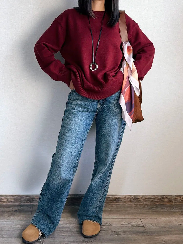 Oversize Burgundy Womens O Neck Knitwear Sweater Warm Winter Pullover