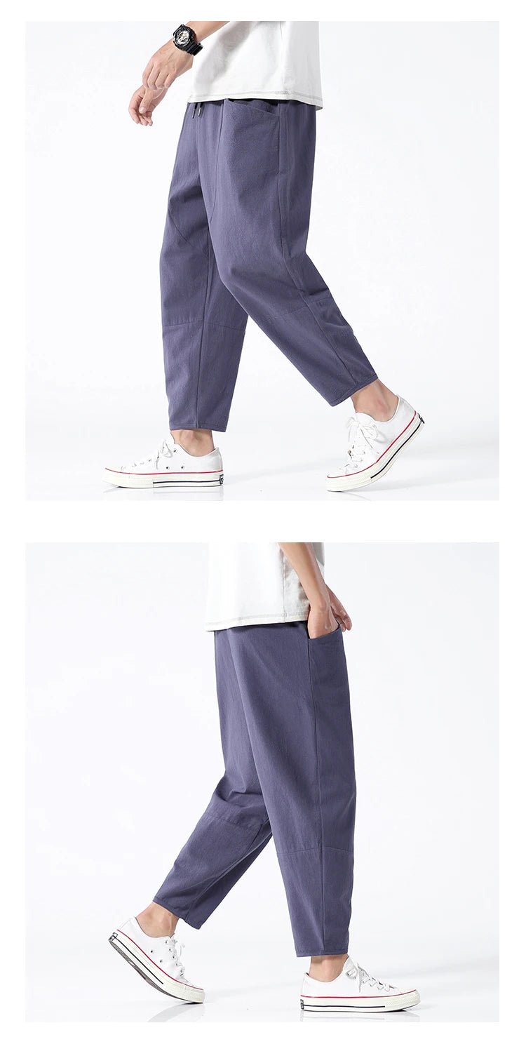 100% Cotton Men's Summer Casual Loose Pants Trendy Japanese Style Cropped Pants for plus Size Men up to 5XL