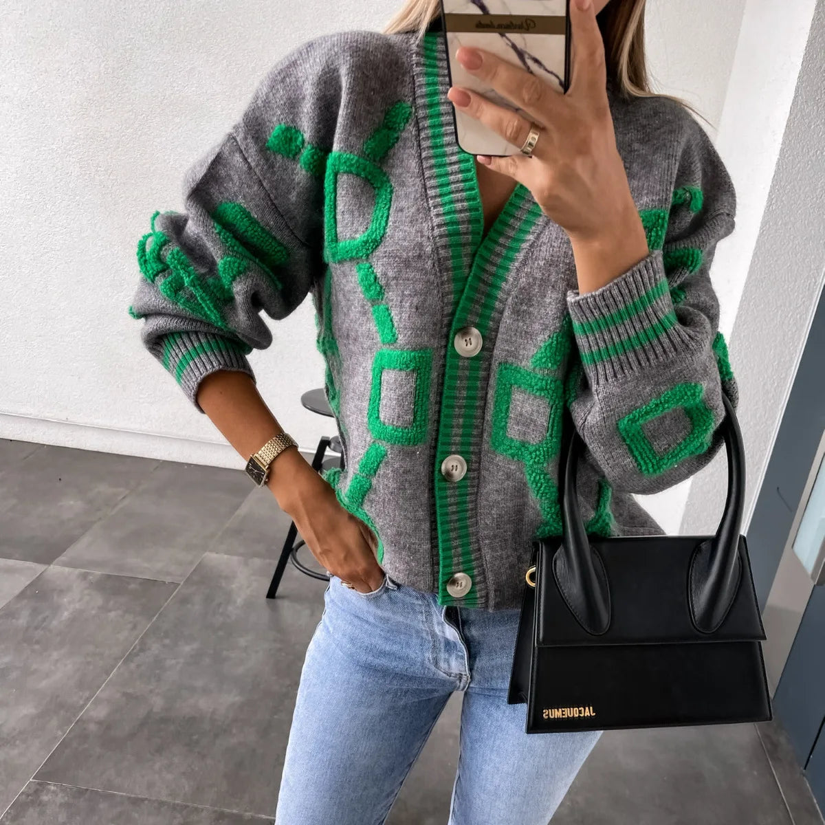 Autumn Winter Jacquard Knitted Coat Women Fashion V-neck Long Sleeve Single Breasted Knitting Cardigan Coats Female Streetwear