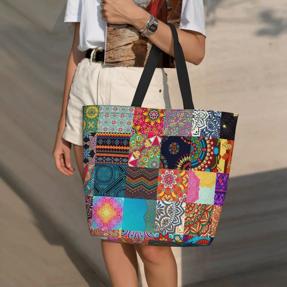 African Ankara Prints Grocery Shopping Tote Bags Women Geometric Ethnic Art Canvas Shoulder Shopper Bags Big Capacity Handbag