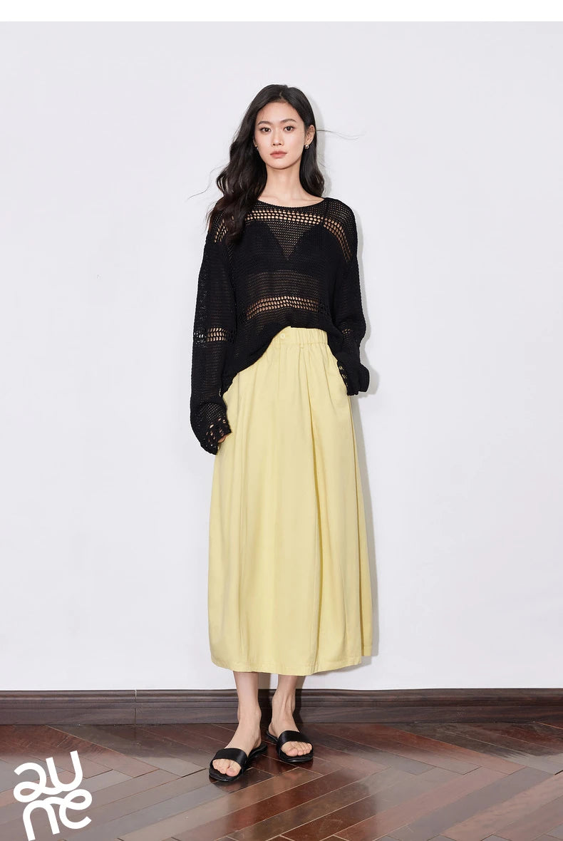 Toyouth Women Cotton A Line Umbrella Skirt Mid Calf Black