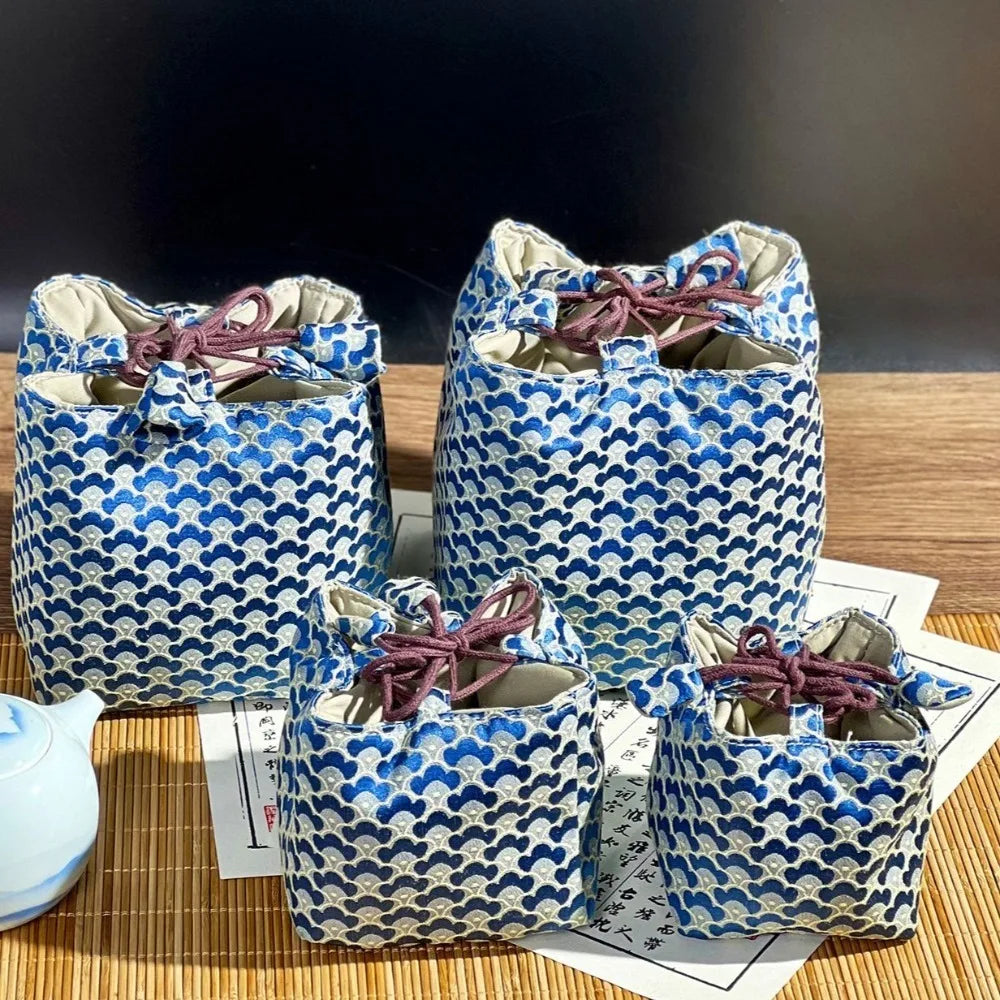 Chinese Style Tea Set Organizer Bag Embroidered Breakage-proof Teacup Drawstring Cloth Pouch Tea Ceremony Accessories