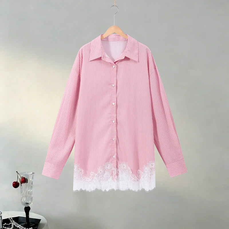 Casual Women's Matching Sets Long Sleeve Shirts Shorts Suit Lace Patchwork 2 Pieces Sets 2026 NEW Spring Beach Lady Outfits