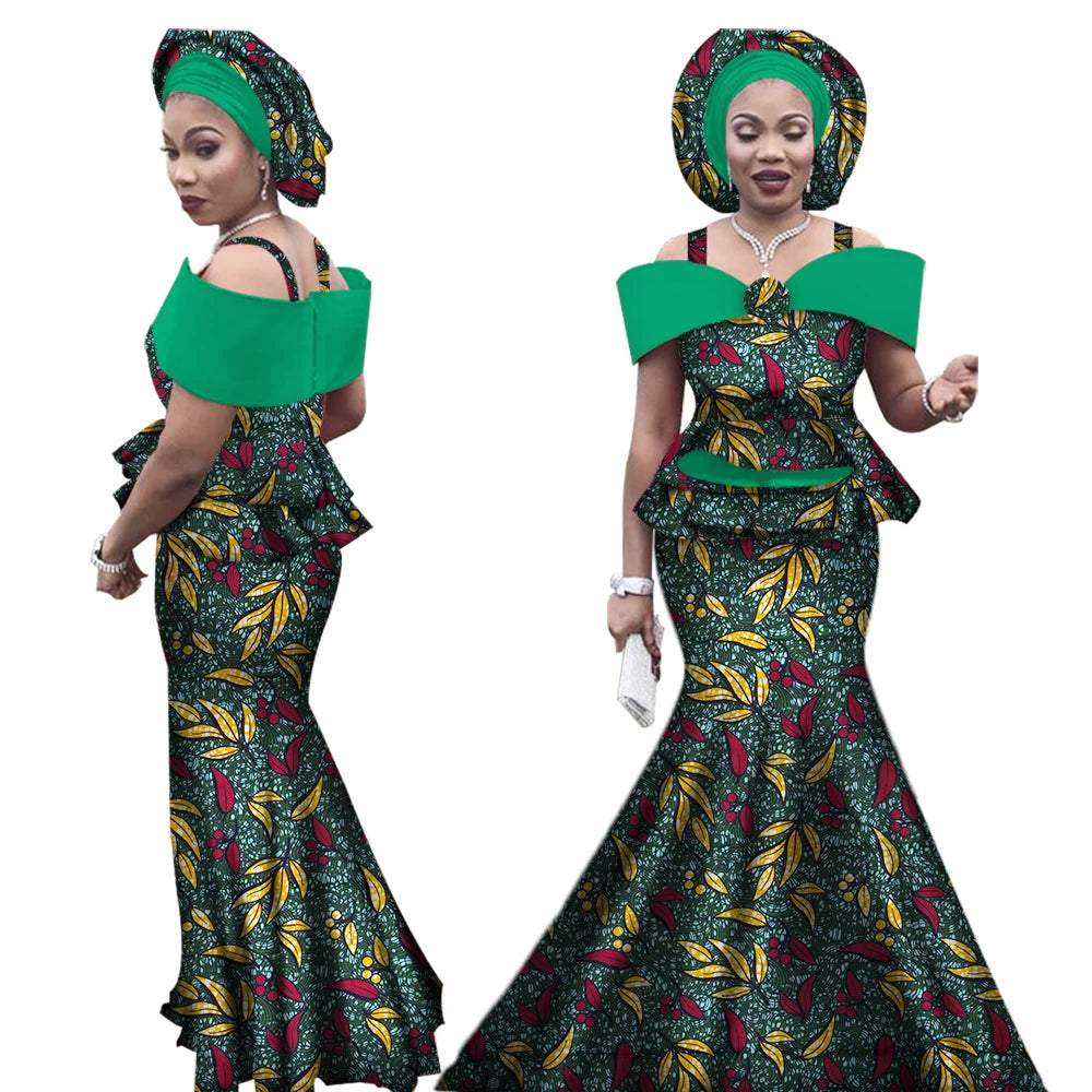 African Outfits with Headtie for Women Dashiki Bazin Print Strap Tops and Long Skirts Women Set African Clothing WY3113
