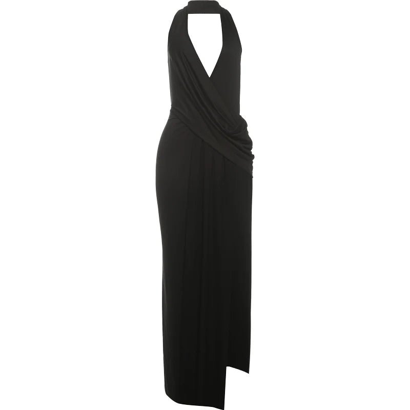 Weird Puss Sexy Backless Long Dress Women Halter Deep V-Neck Sleeveless High Splits Hem New Trend Pool Style Elegant Vestidos BAZAARHUBO