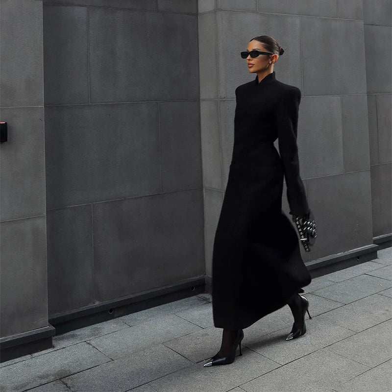 Elegant Long Coat Women V-neck Solid Slim Single-breasted Waist-closed Jackets Lady 2026 Spring Chic Female Streetwear