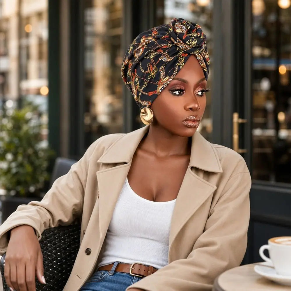 Fashion African Print Hijab Caps Pleated Wrap Twist Knot Turban Hat Elastic Knotted Style Floral Head Wrap All Match Decor