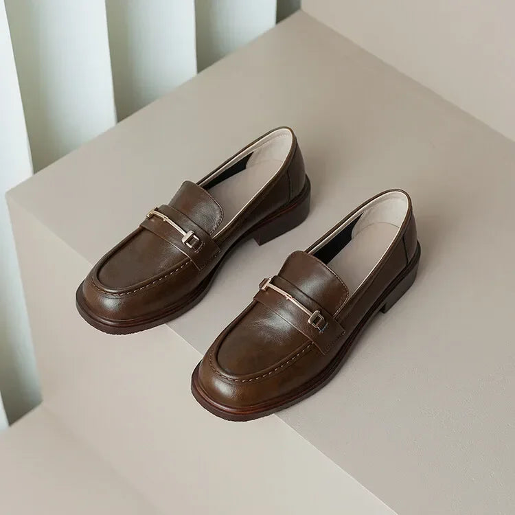 Ochanmeb Natural Leather Loafers Flat Shoes Women Brand Metal Chain Round Toe Slip-ons Flats Ladies Casual Creepers Moccasins 40