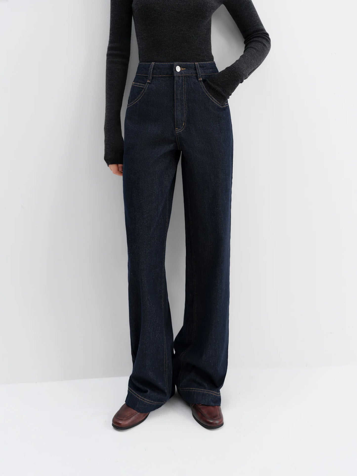 FSLE Straight High Waist Jeans for Women Winter Solid Simple All-match 2025 New Long and Short Versatile Pants Korean Style