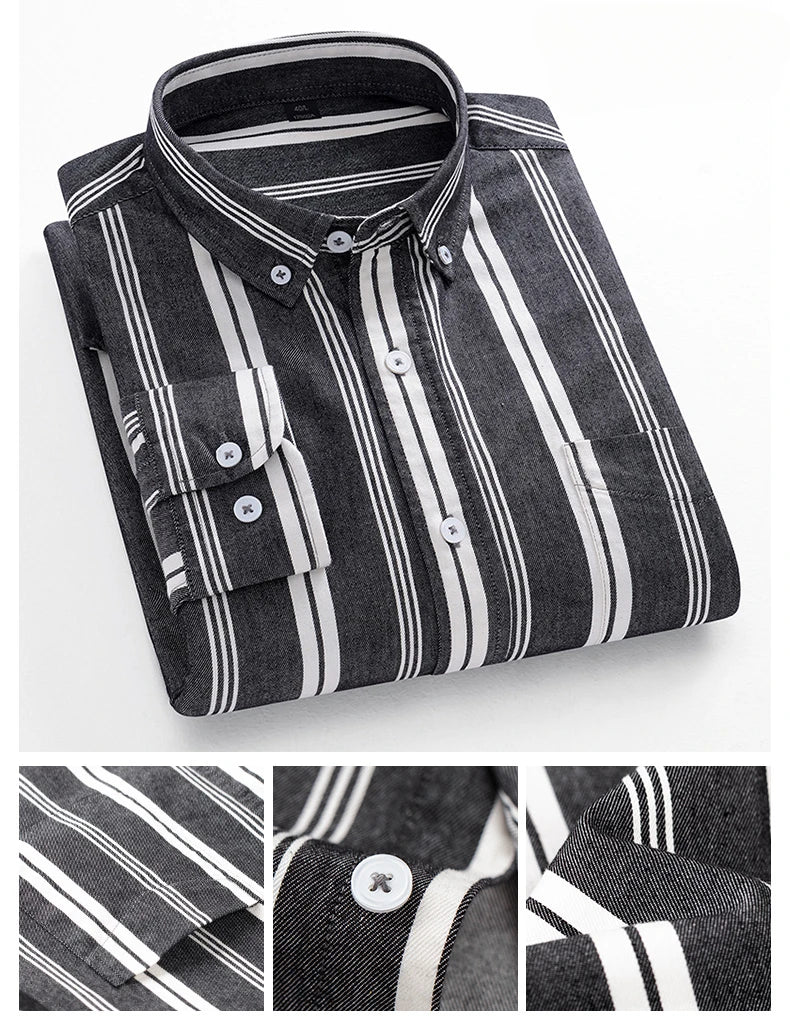 Fashion korean trends casual long-sleeve shirts for men slim fit plain shirt 100%cotton plaid striped tops soft designer clothes