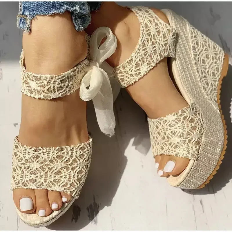 Summer New Fashion Slope Heel Fish Mouth Women's Sandals Party Lace Lace Strap Waterproof Platform Thick soled High Heels