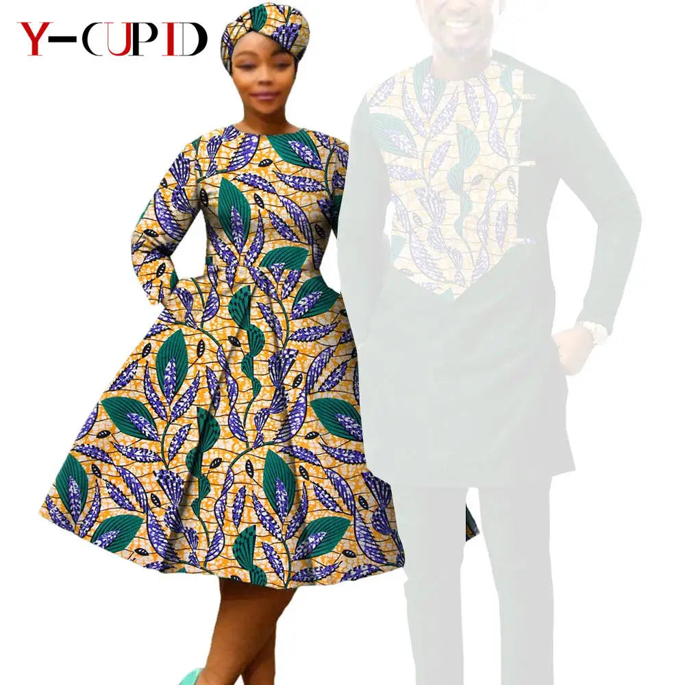 African Print Dresses for Women with Headwrap Matching Couple Outfits Dashiki Men Long Sleeve Pathwork Top and Pant Sets Y23C004