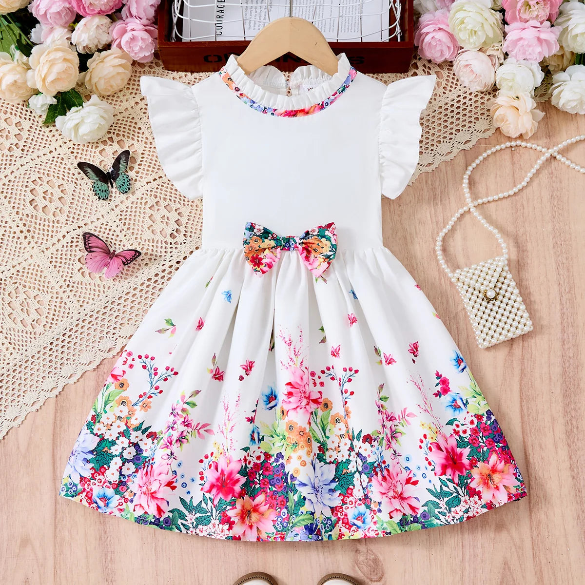 New Kids Girl Dress Summer Floral with Bow Fashion White Vestidos Short Sleeve Children Clothing Outfits Casual Daily Dresses