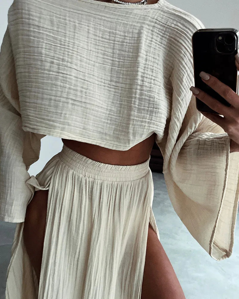 Casual Holiday Style Simple Solid Color Skirt Set Linen Blended Short Top High Waist Chic Split Cotton Linen Two-piece Set