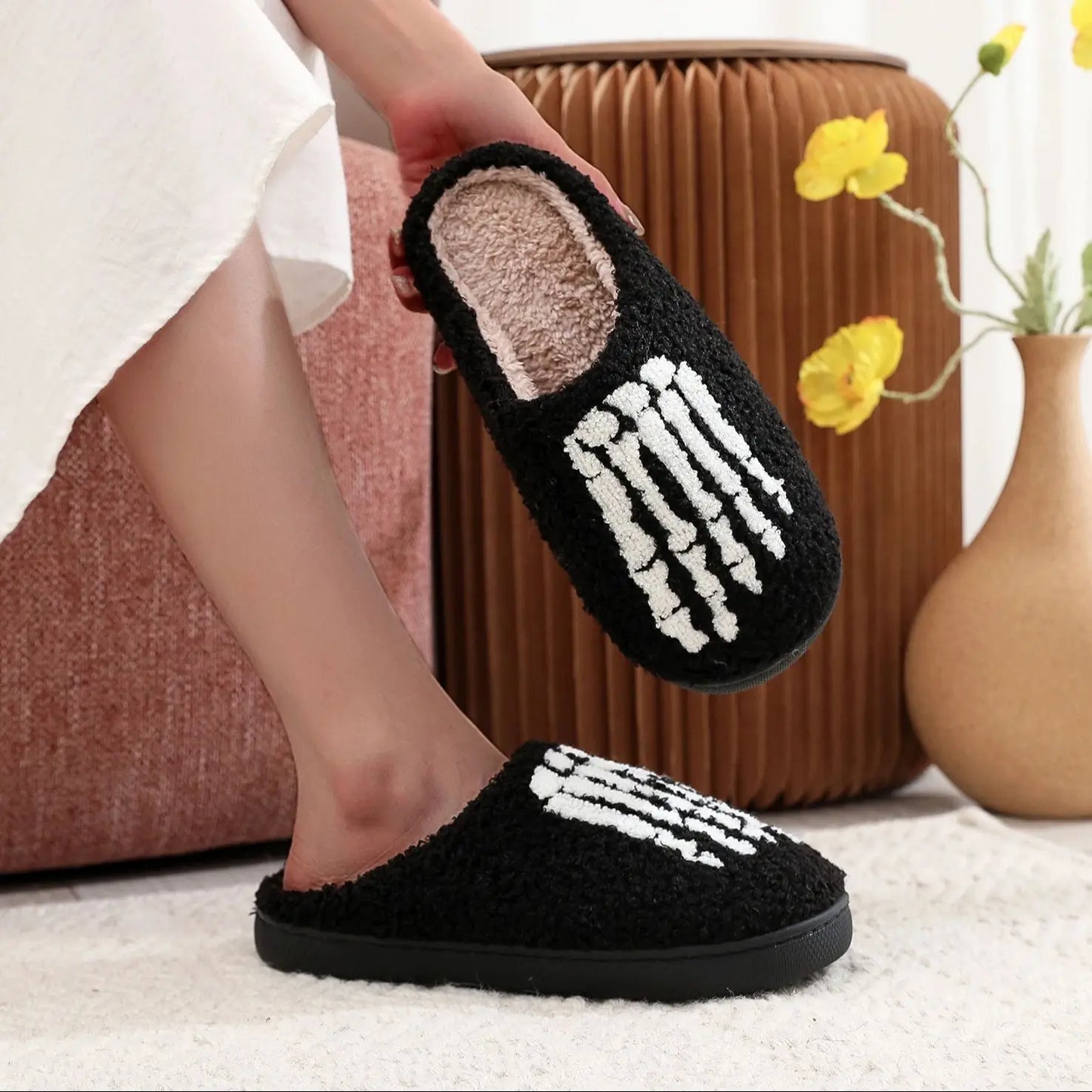 Skull Toe Pattern Personality Dark Style Embroidery stuffed Home Platform Cozy Fur Cotton Slippers Warm Non-slip Indoor Slippers Men Women Halloween Gift