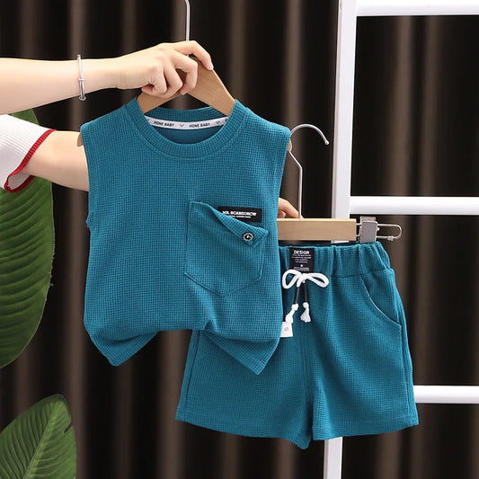 Fashion Casual Kids Boy Summer Vest+Shorts Two Pieces Clothes Set Children Soft Cotton Sports Casual Suits 1-5 Years