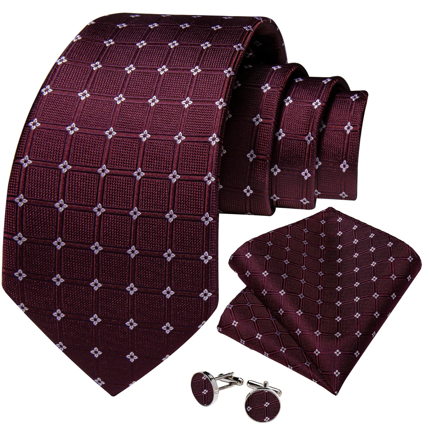 Dark Red Plaid Silk Ties for Men Classic 8cm Business Wedding Party Accessories Pocket Square Cufflinks Gift DiBanGu Dropship BAZAARHUBO