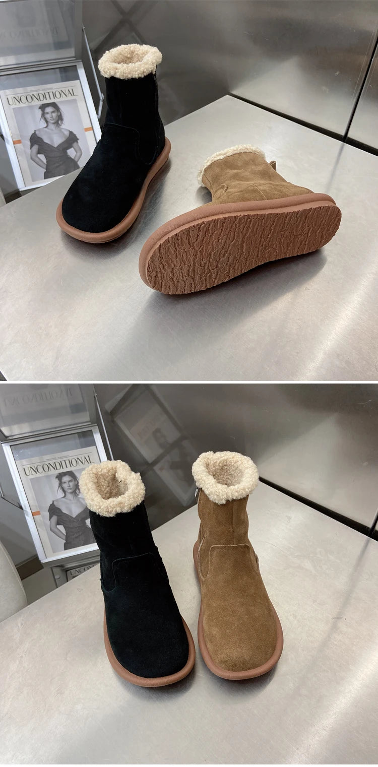 Careaymade-Genuine cow leather Snow cotton round head flats woolen short boots plush warm snow boots Oversized shoes size 35-43